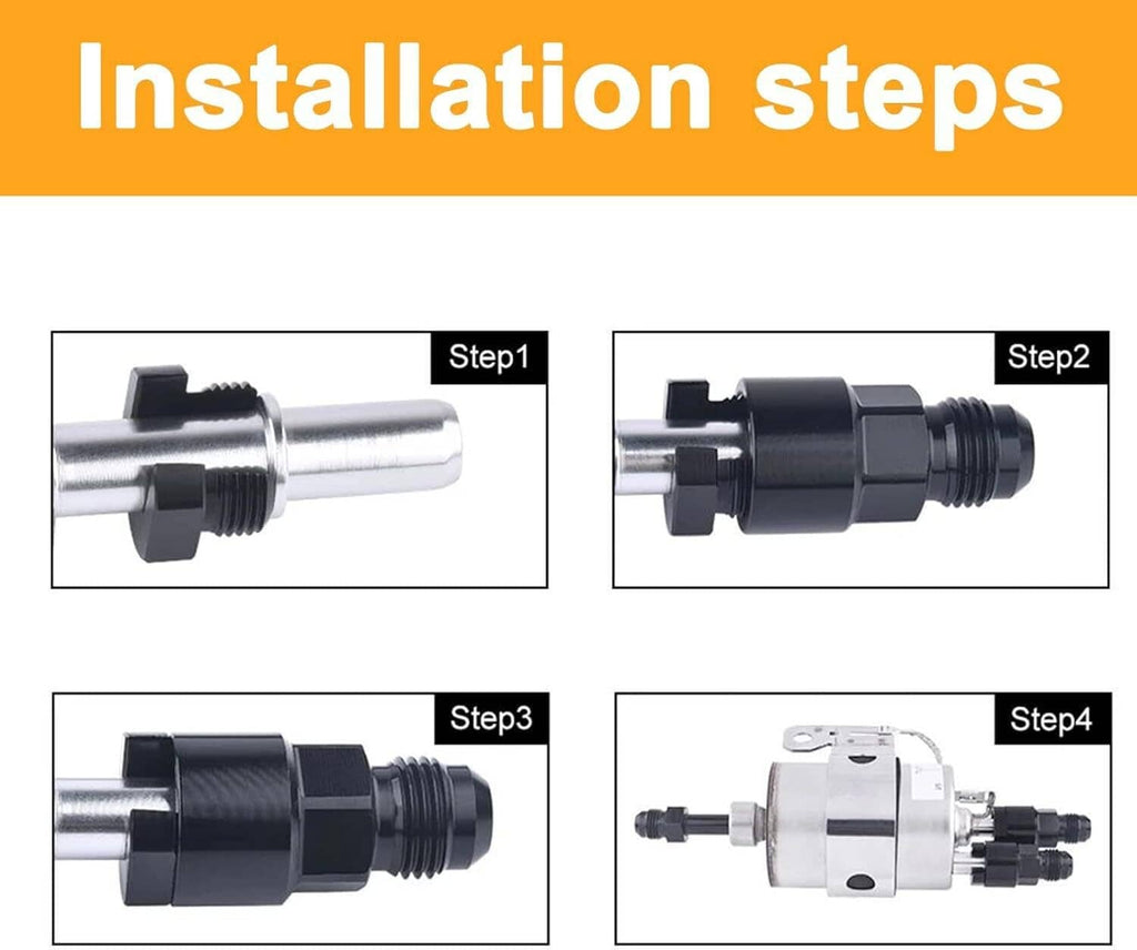 Installation steps showing connected fuel line adapters and push-on fitting assembly