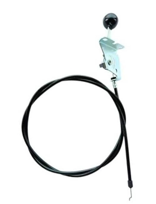 Throttle control cable with black cable housing and metal mounting bracket