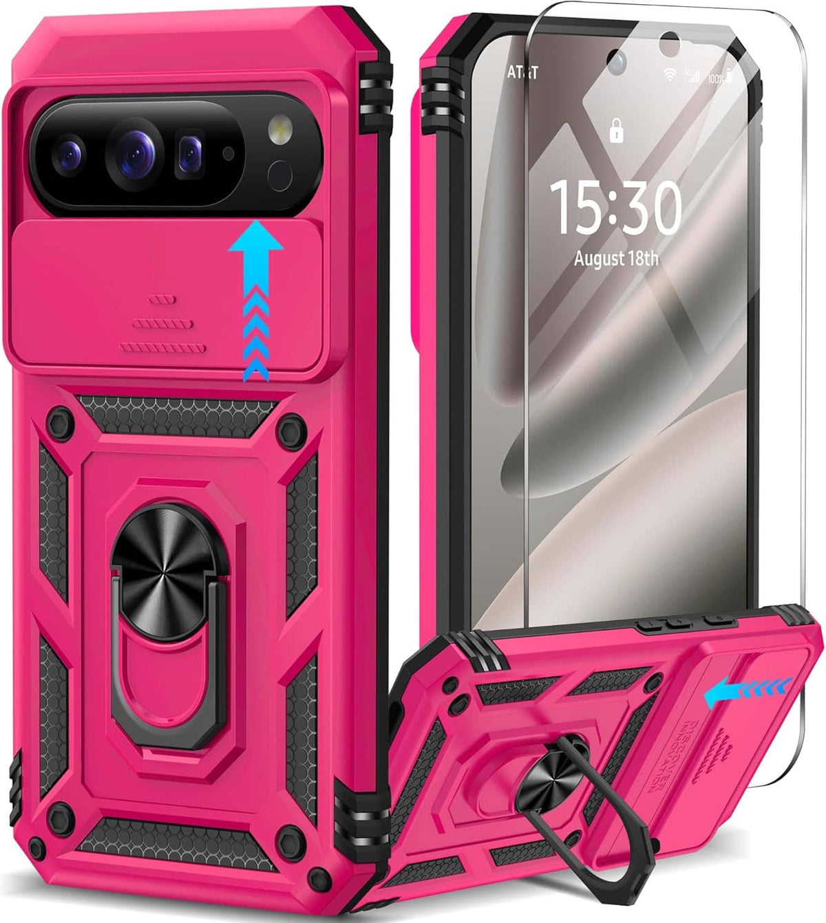 Rugged pink Pixel case with screen protector and sliding camera lens cover, front/back