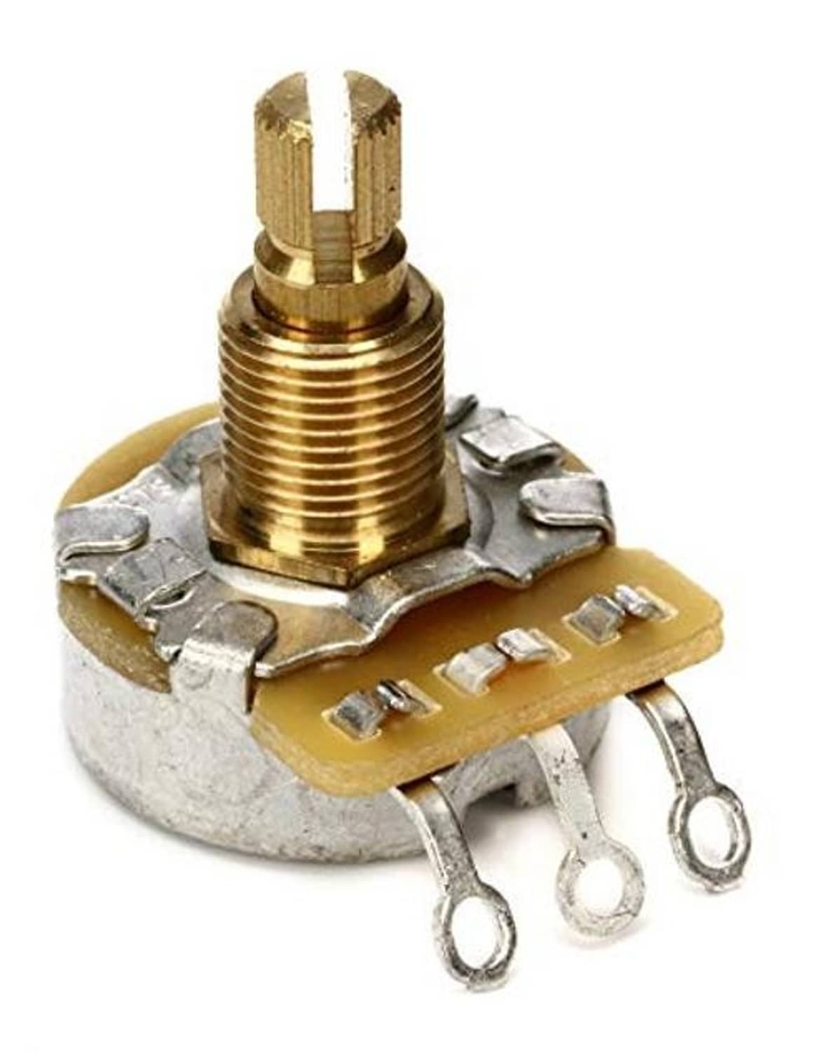 Split-shaft 500K potentiometer with threaded brass bushing, solder terminals, and control pins