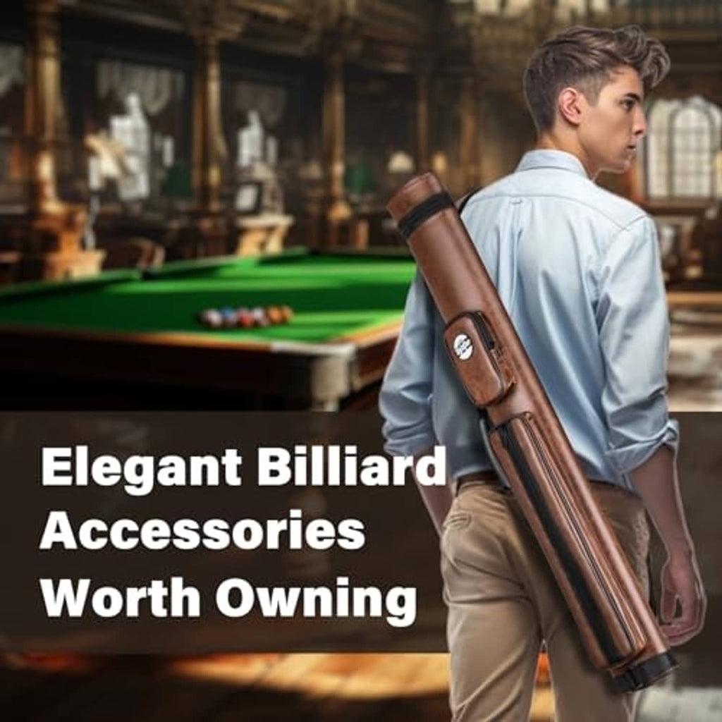 Brown pool cue case carried with shoulder strap in a billiards setting