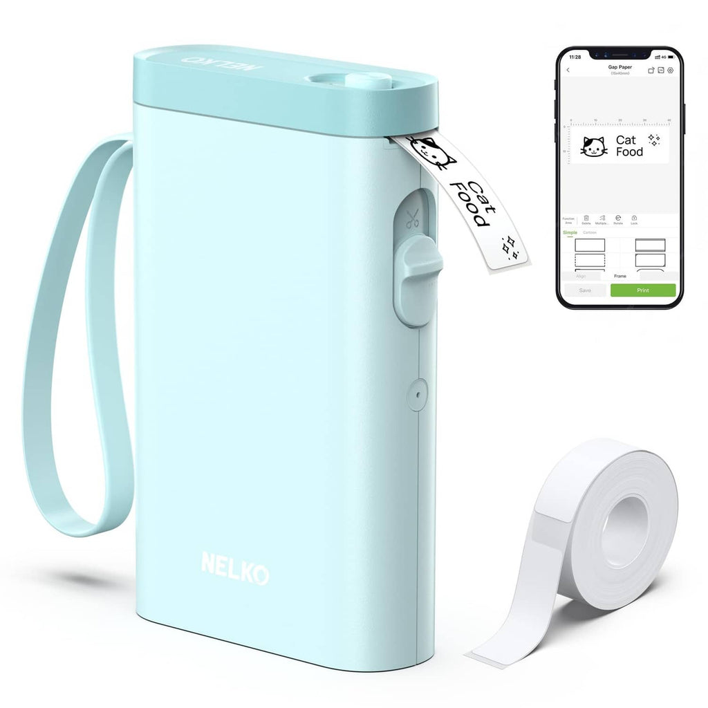 Cyan portable label maker with handle and label tape roll