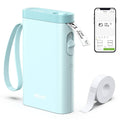 Cyan portable label maker with handle and label tape roll