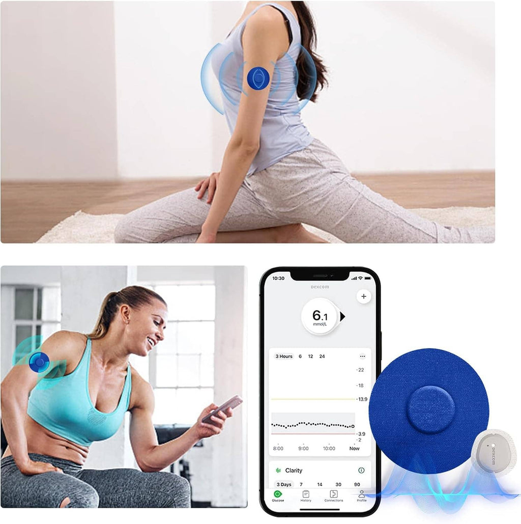Blue round adhesive patch on upper arm for wearable sensor use