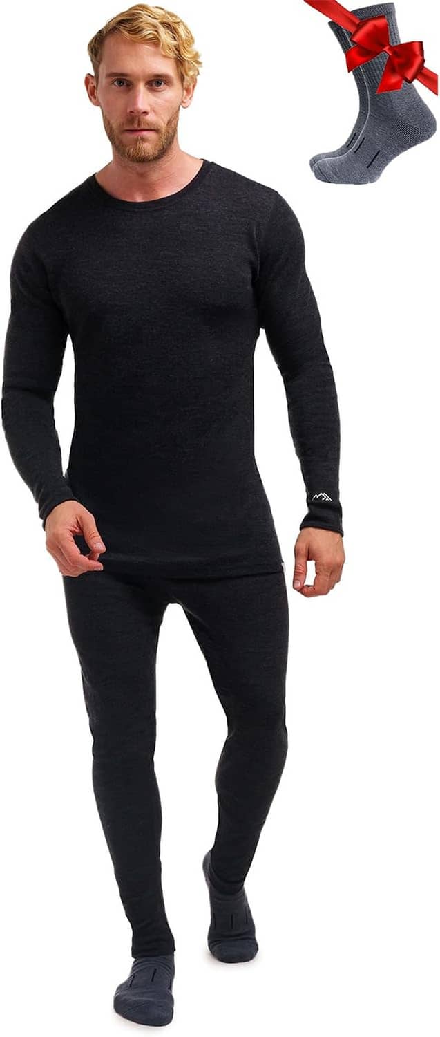 Men's dark heather merino long-sleeve thermal base layer set, front view, full length