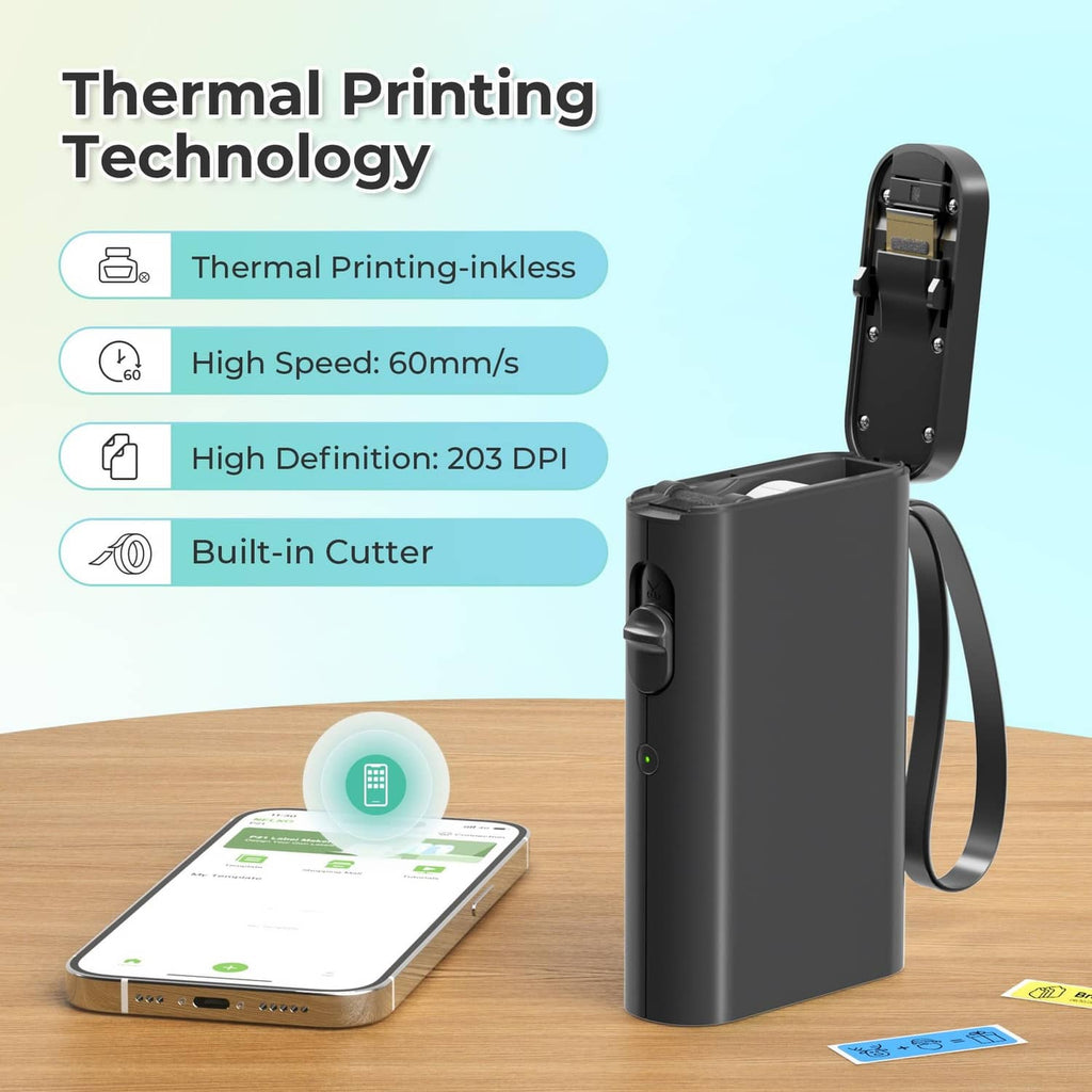 Black Bluetooth label printer with built-in cutter and tape feeding out.