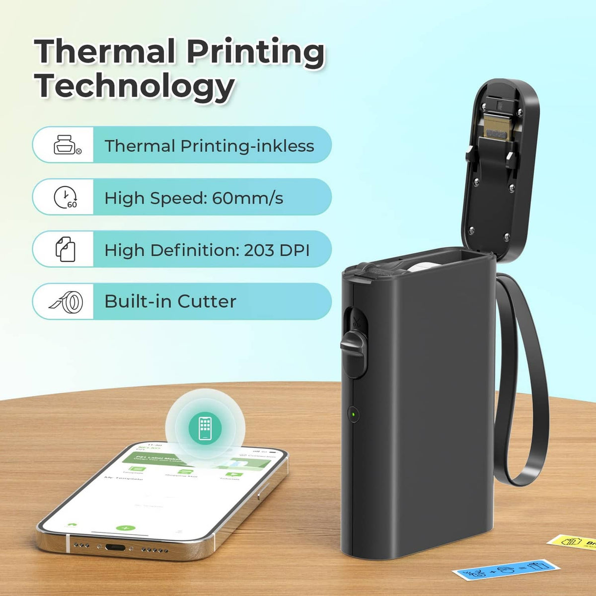 Black Bluetooth label printer with built-in cutter and tape feeding out.