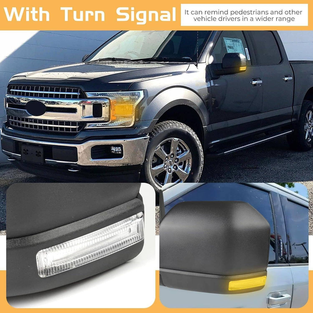 Heated side mirror with integrated turn-signal indicator, black frame