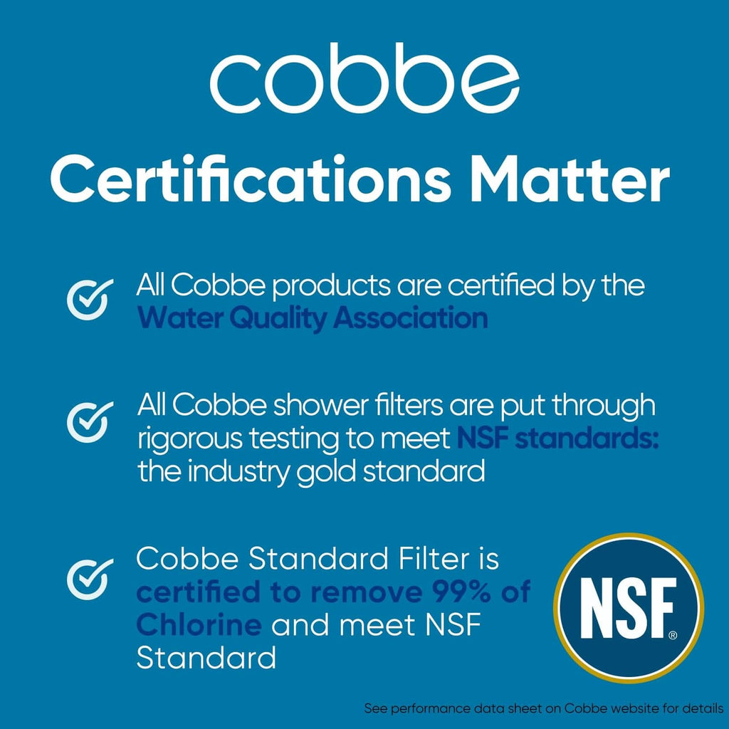 Cobbe shower filter certifications panel with NSF badge