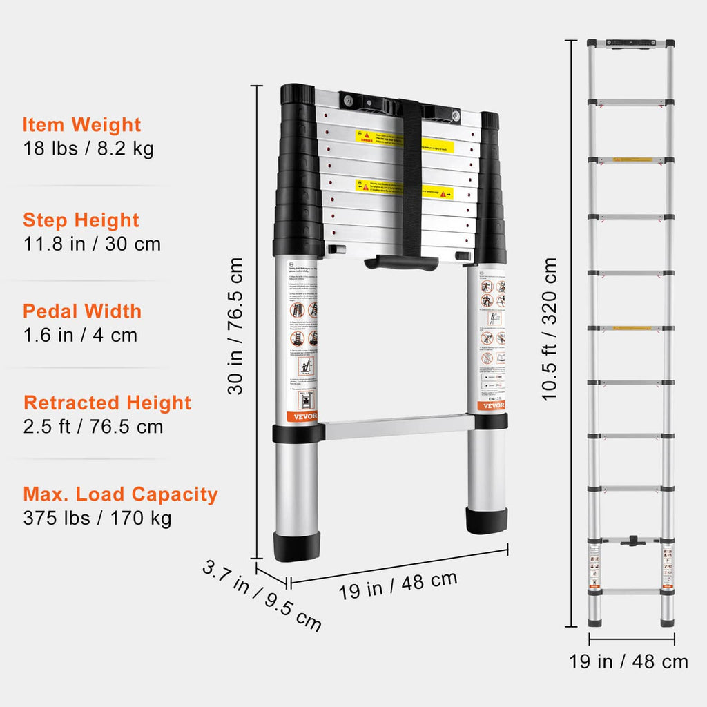 Telescoping ladder shown front and side views with black handles and silver rails