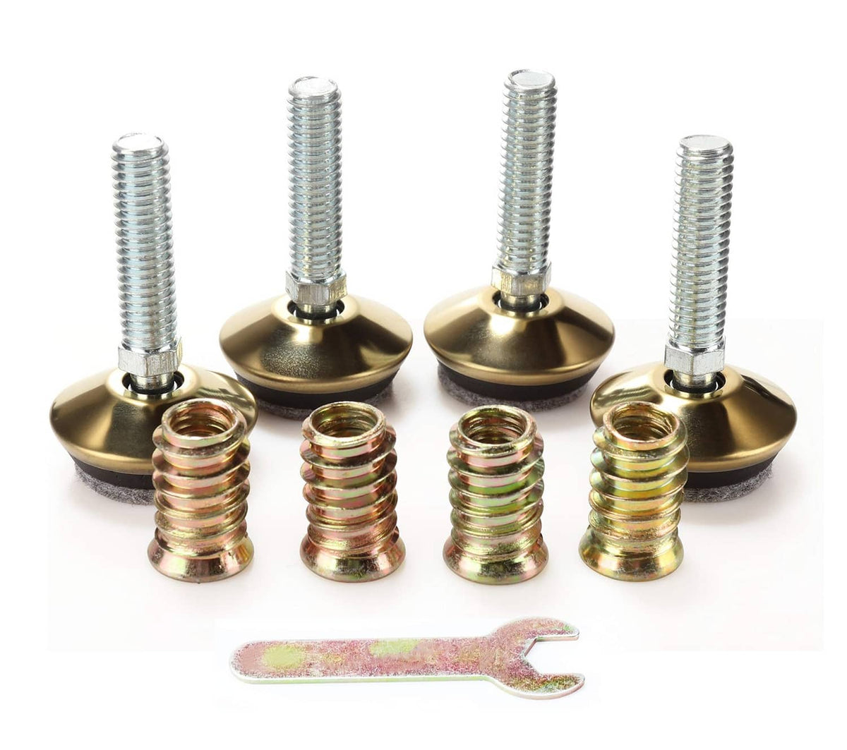 Four swivel levelers with gold bases, plus extra threaded inserts and open wrench