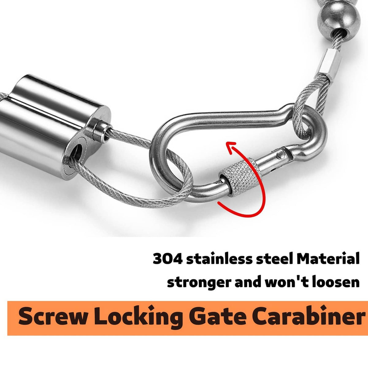 Beaded retainer ring with locking gate carabiner and braided rope