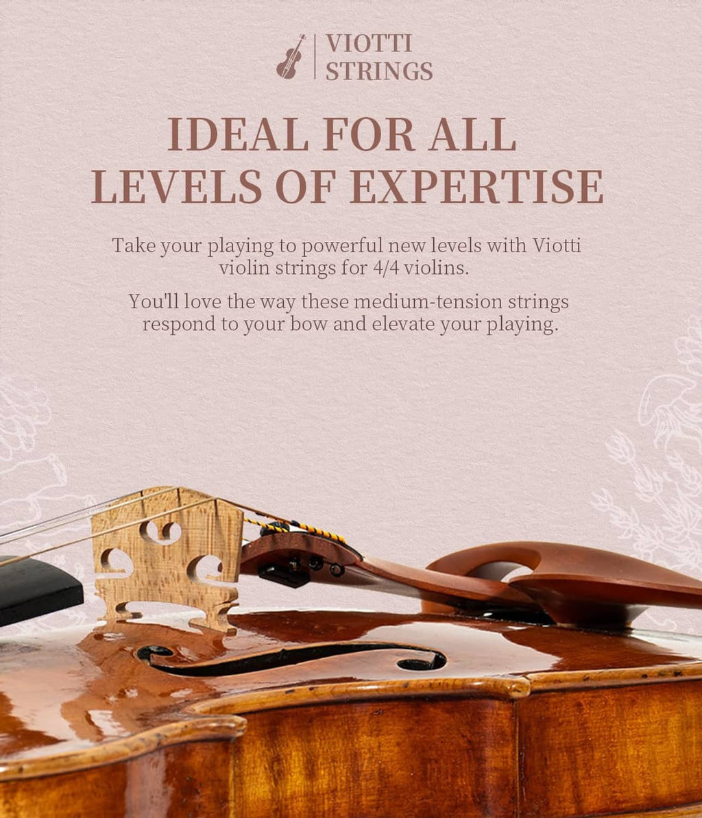 VIOTTI violin string set packaging with violin illustration and warm brown design