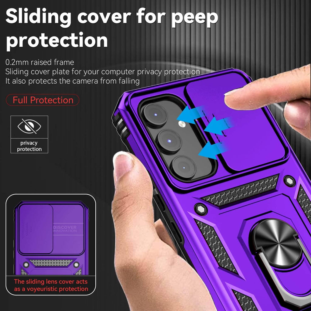 Purple rugged phone case with sliding camera cover and textured grip