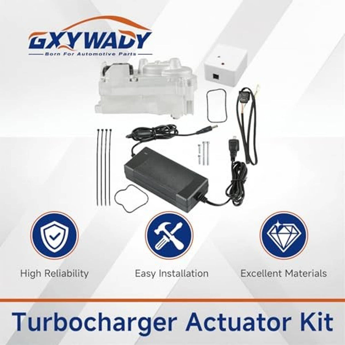 Turbocharger actuator kit bundle with silver actuator housing, black controller, and OBD cable