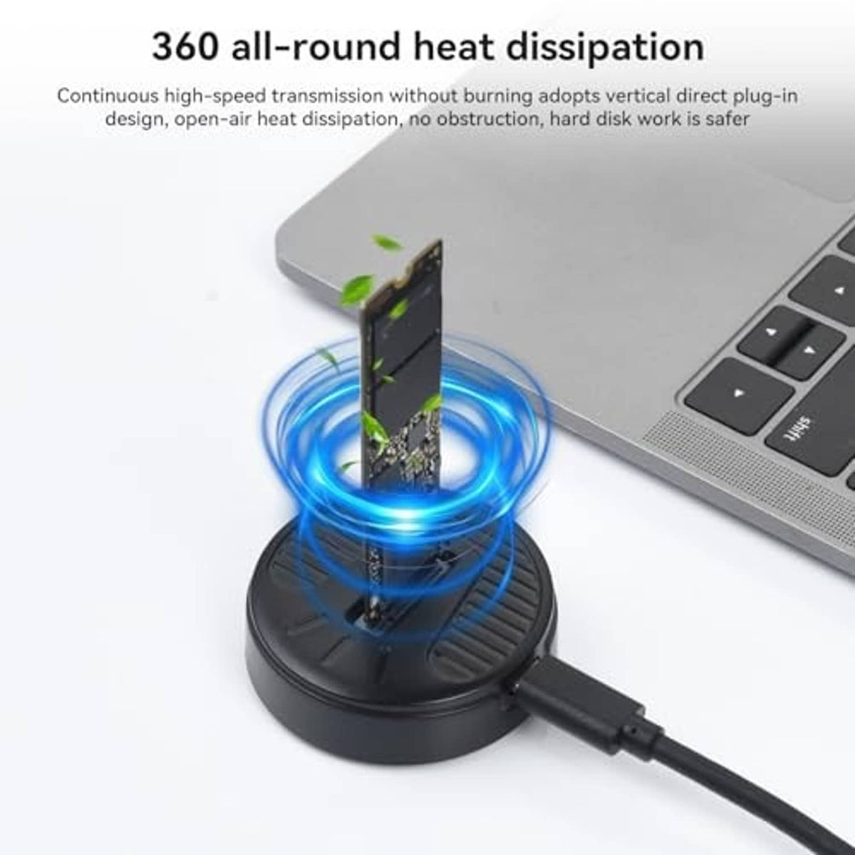 M.2 NVMe to USB adapter dock with glowing cooling light