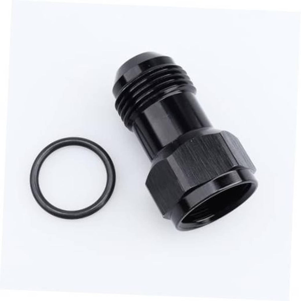 Black AN10 male-to-female adapter with O-ring seal, aluminum fitting