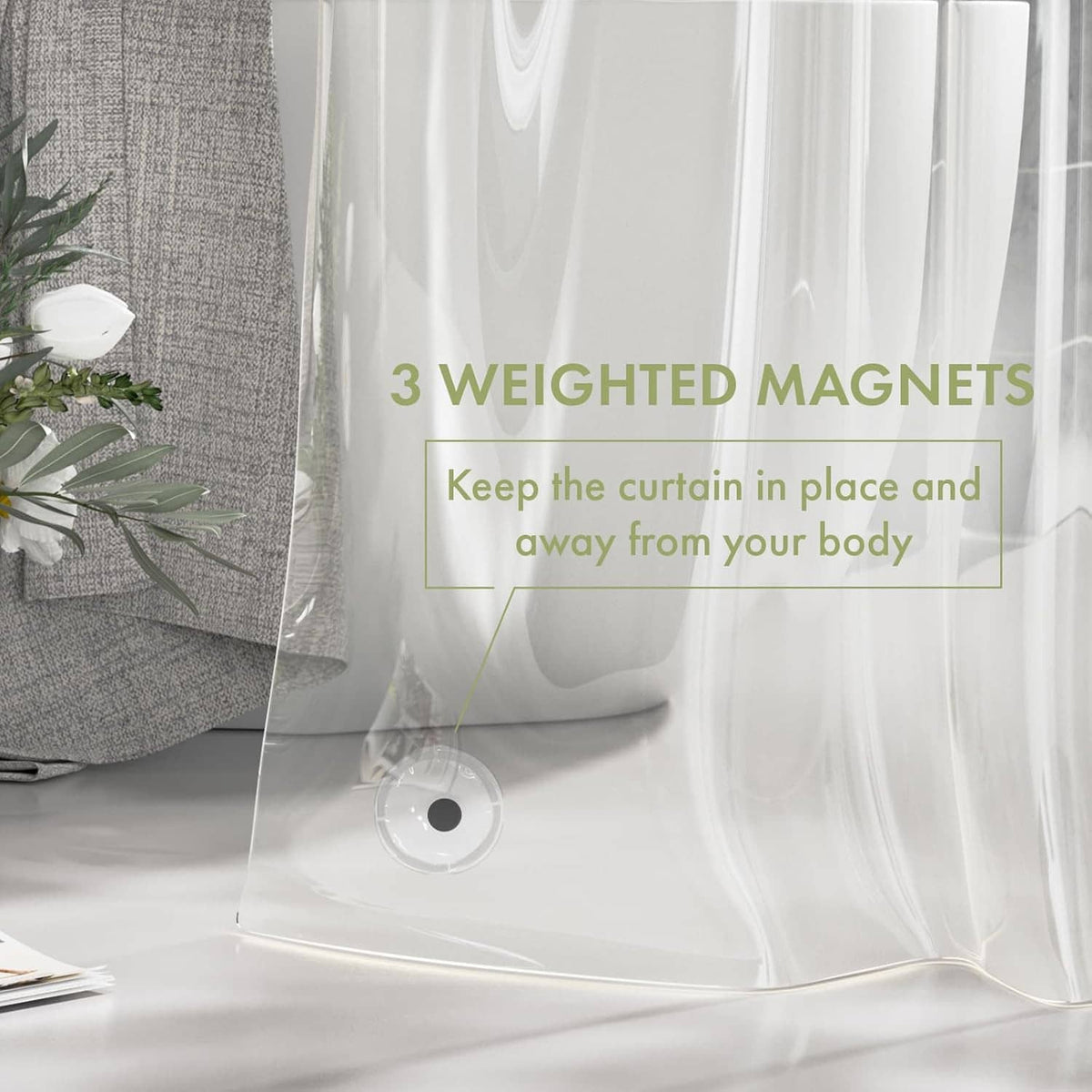 Clear shower curtain liner with weighted magnet bottom for staying in place