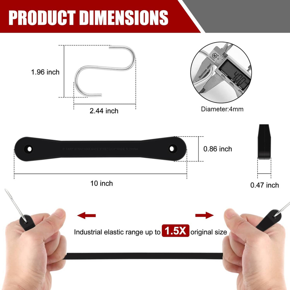 10-inch black rubber bungee cord with metal U-hook, dimension diagram view