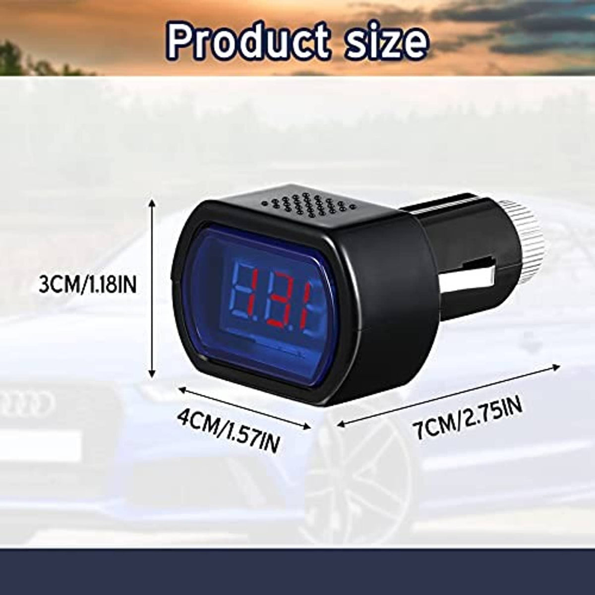Compact digital car voltmeter with blue LED screen, black body, and plug connector