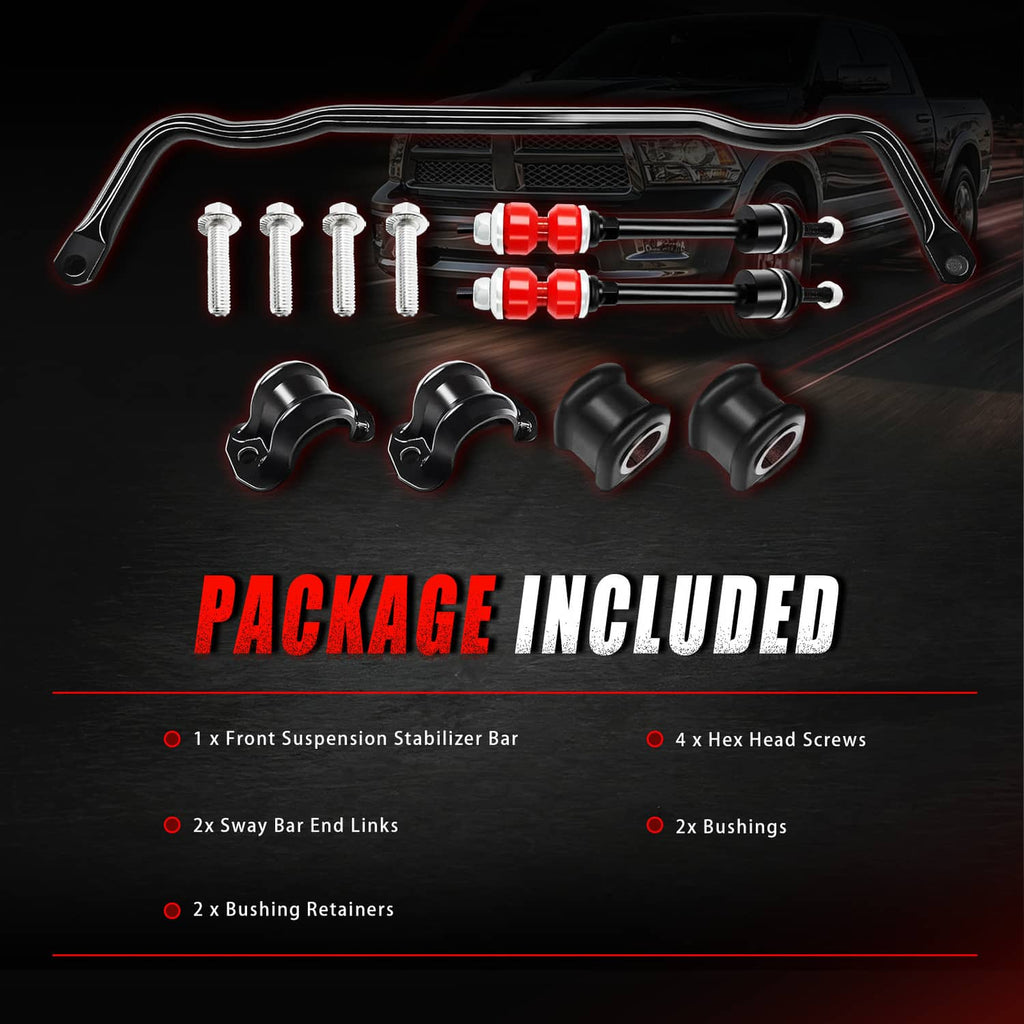 Packaged front stabilizer bar kit: bar, red end links, black bushings, and screws
