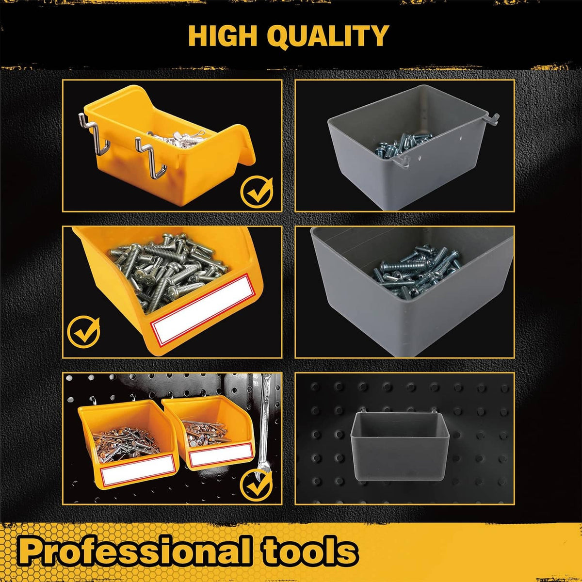 Set of orange and gray pegboard storage bins with metal hooks and white label fronts