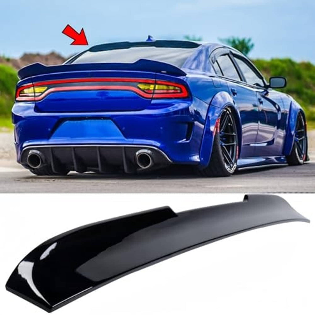 Rear window roof spoiler visor wing kit, gloss black ABS with curved fin