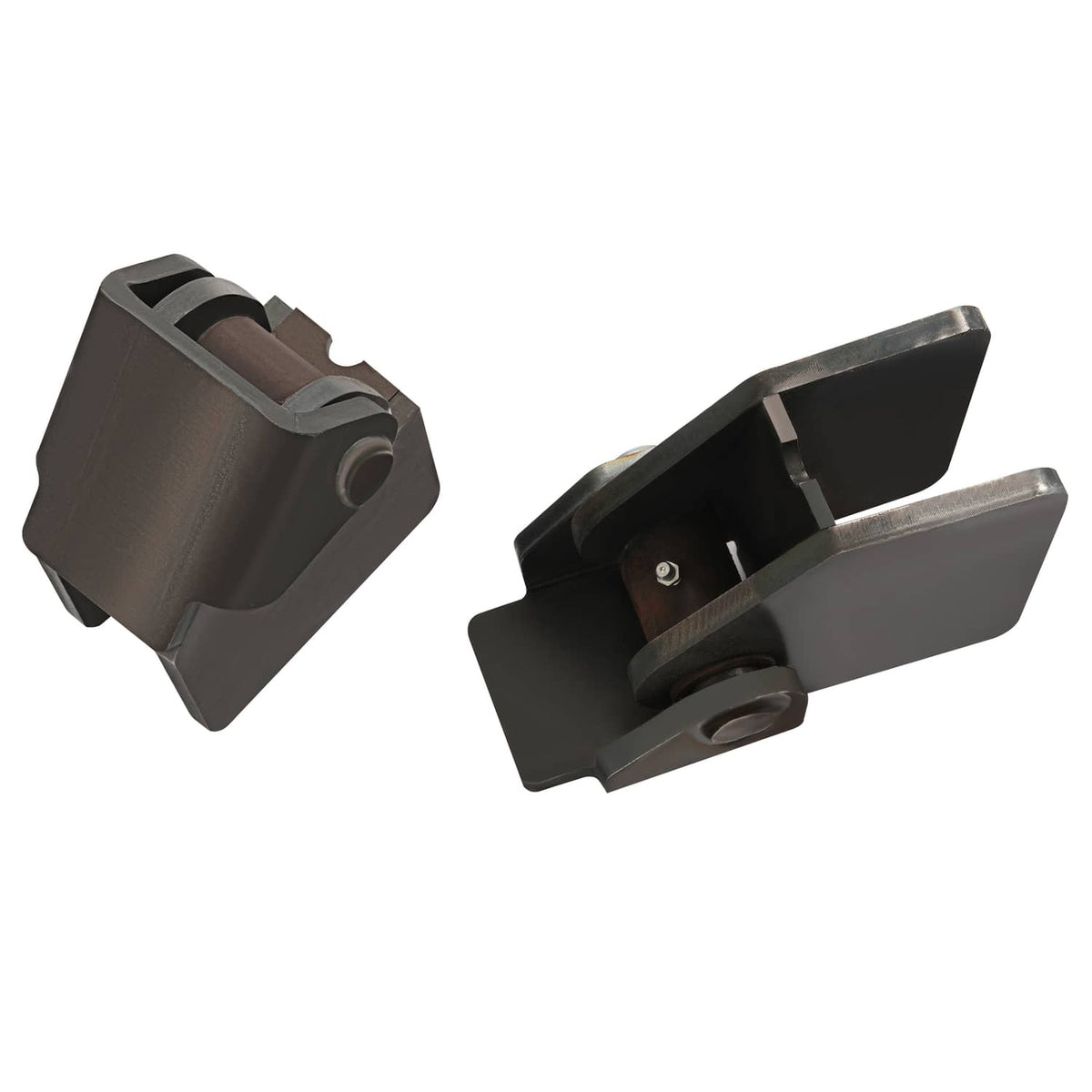 Heavy-duty steel weld-on dump trailer hinge set with mounting plates, dark brown