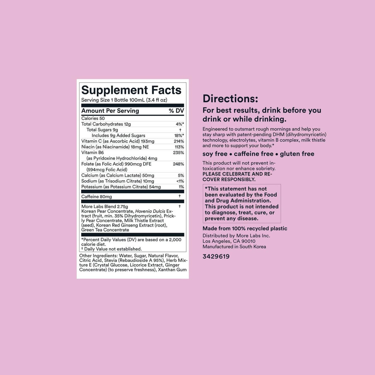 Supplement facts and directions label panel on electrolyte drink bottle