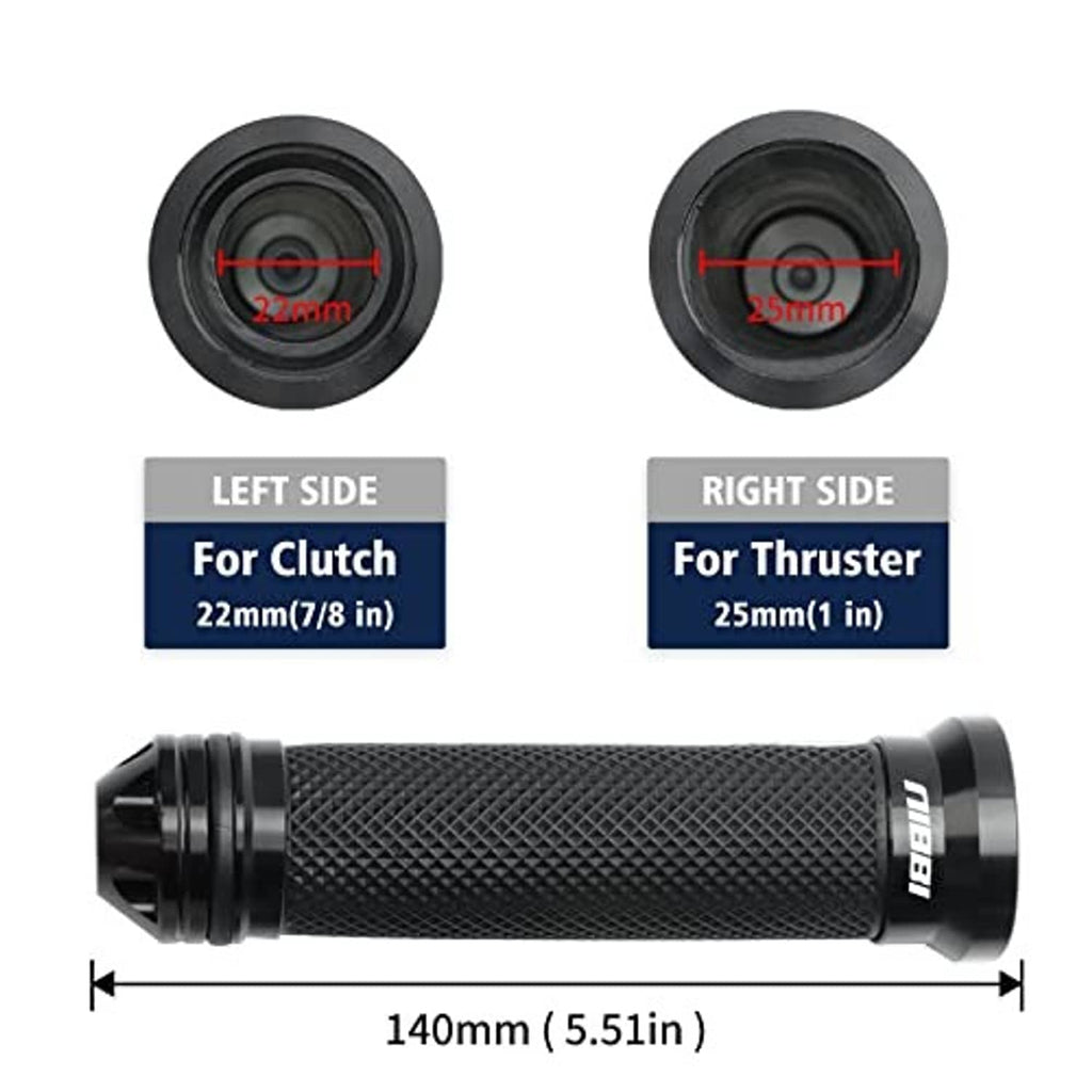 Textured black throttle grip with 22mm left and 25mm right end caps and measurements