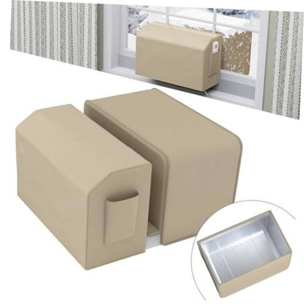 Beige U-shaped window air conditioner cover set, two pieces with front cutout handle.