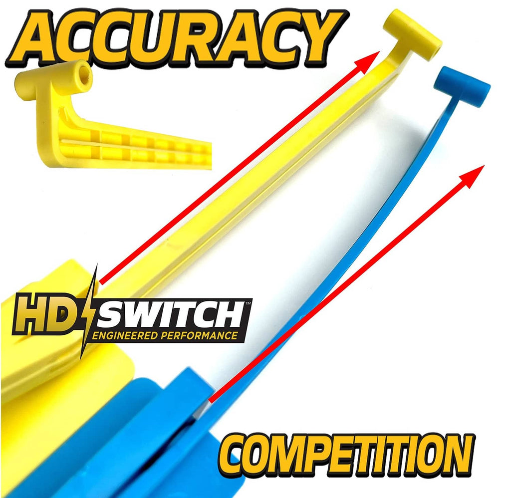 Yellow and blue stabilizer extensions with height marks and angled supports