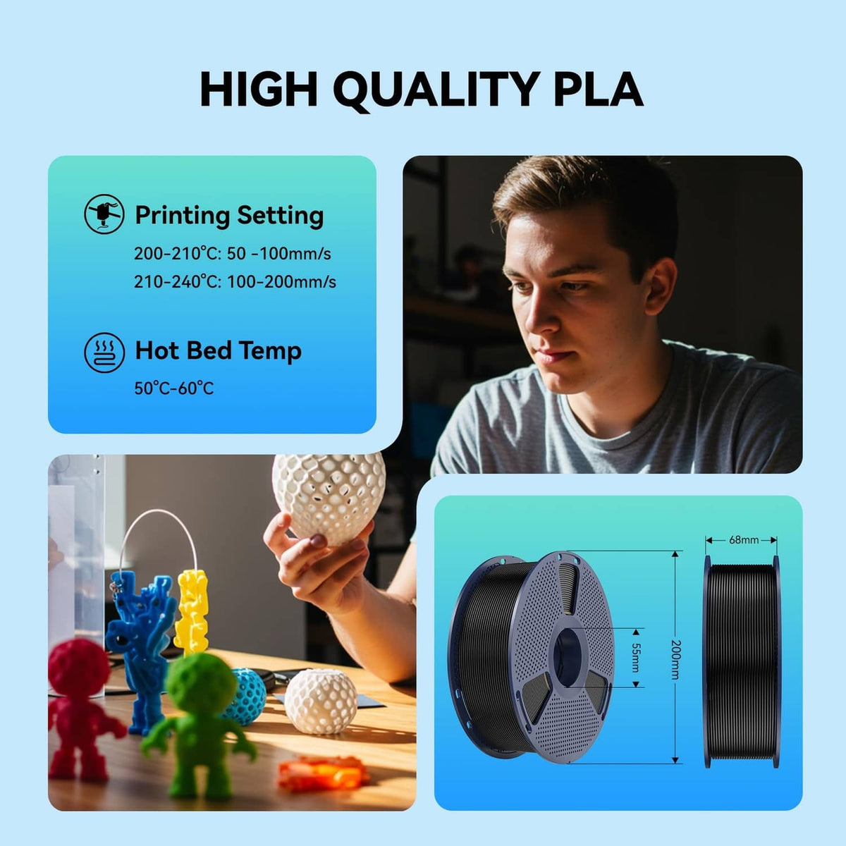 PLA 3D filament spool with black filament coil on a grey perforated reel