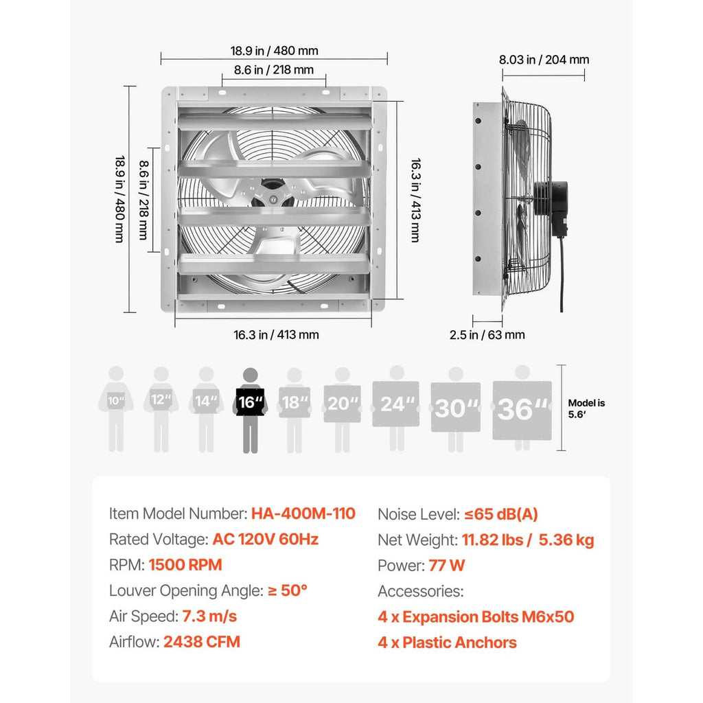Silver steel wall exhaust fan dimensions diagram with louvered front housing