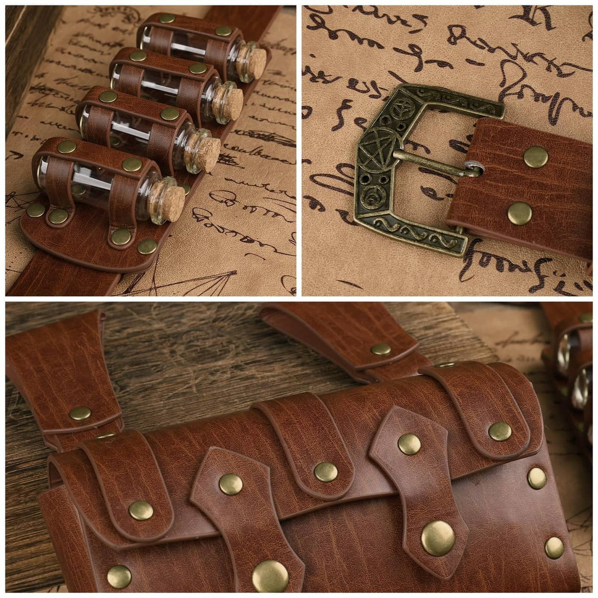 Close-up of brown leather straps with bronze-tone studs and metal rivets