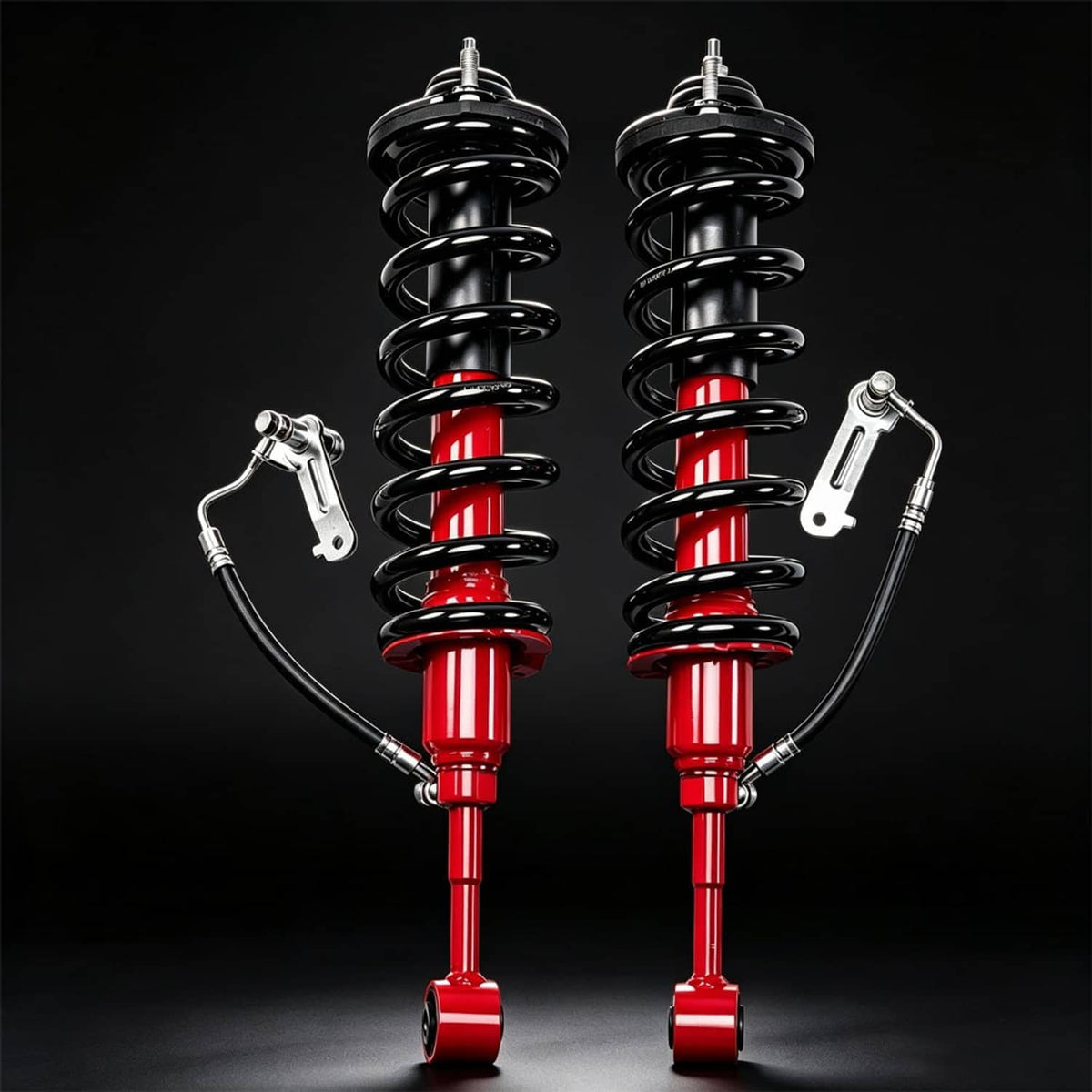 Pair of front shock strut spring assemblies with red struts and black coil springs