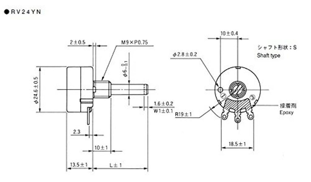 Technical drawing of rotary potentiometer terminals with shaft and mounting hole