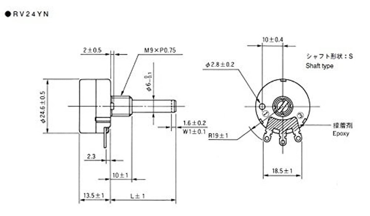 Technical drawing of rotary potentiometer terminals with shaft and mounting hole