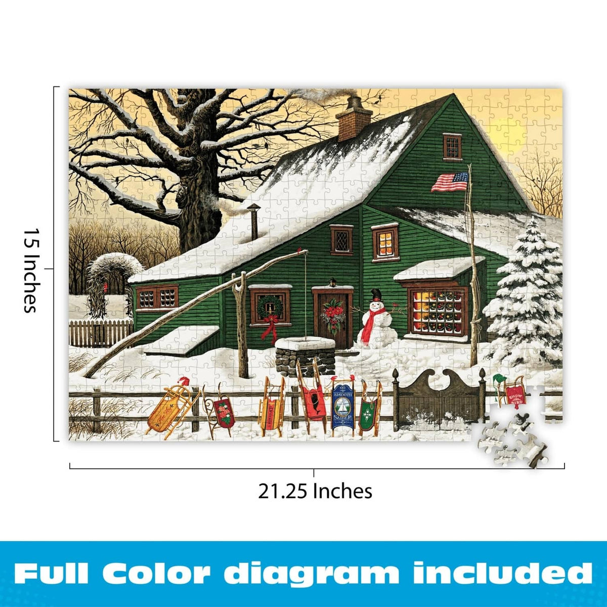 Snowy cabin jigsaw puzzle with scattered pieces; green house and flag detail