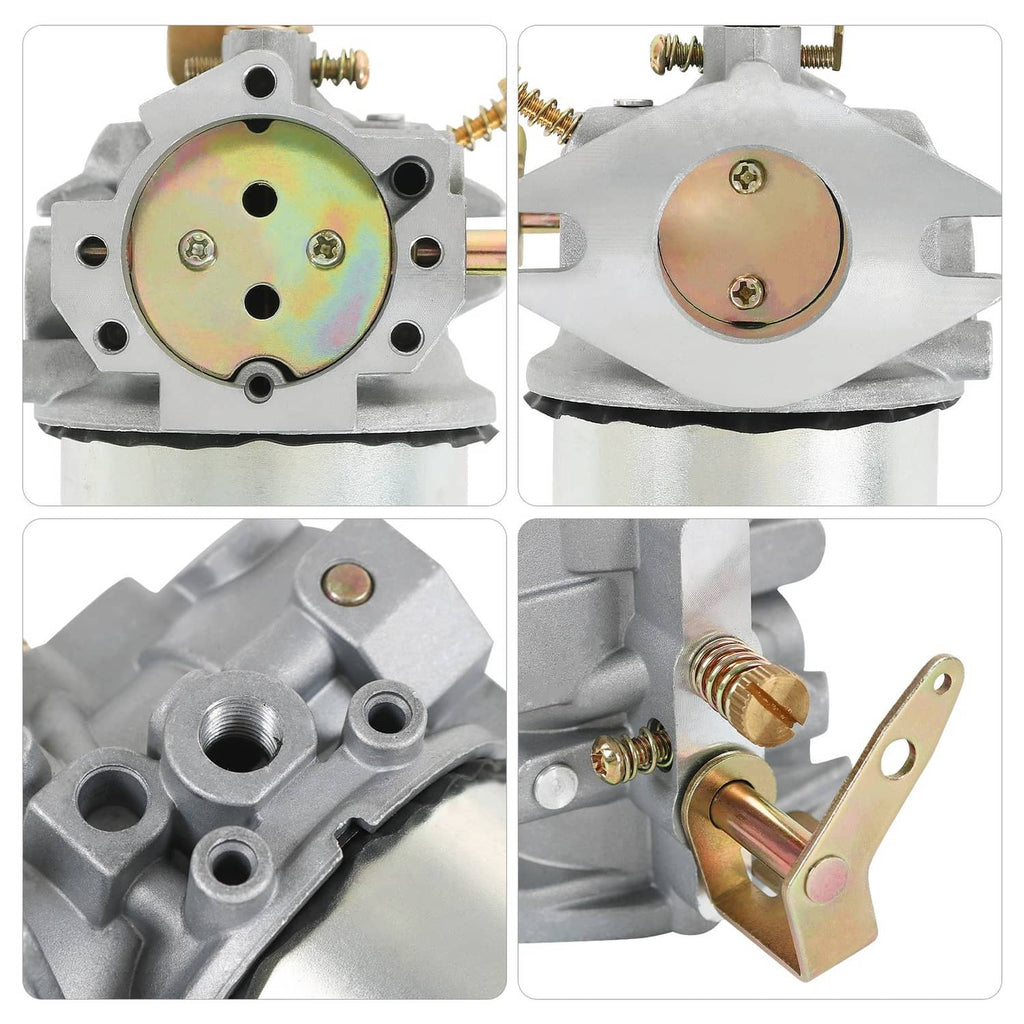 Carburetor close-up set showing round cover, fittings, and mounting base details