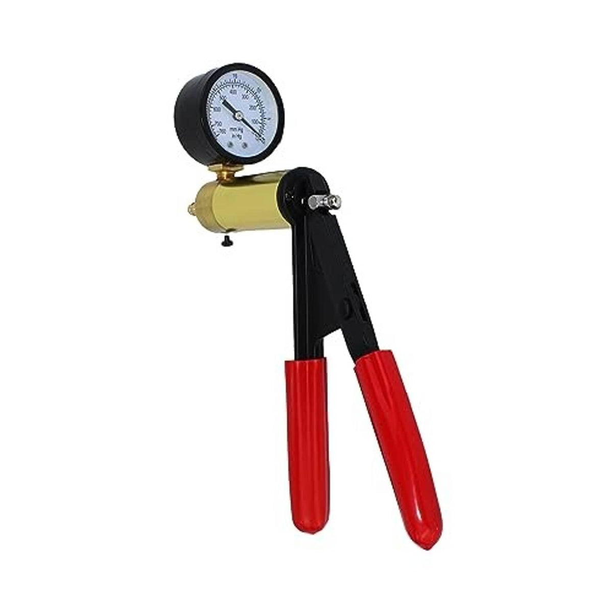 Vacuum pump tool with pressure gauge, brass cylinder, and red handles