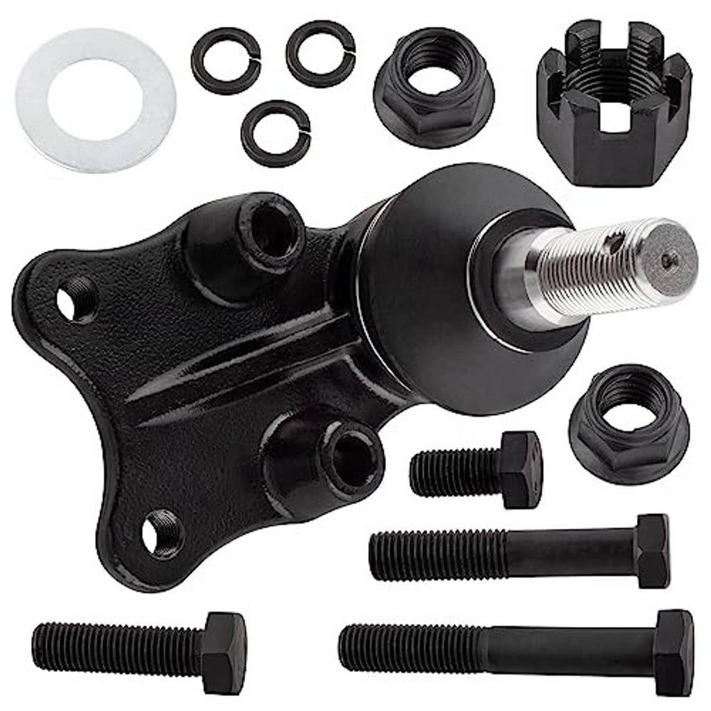 Single black ball joint housing with threaded stud, bolts, nuts, and washers