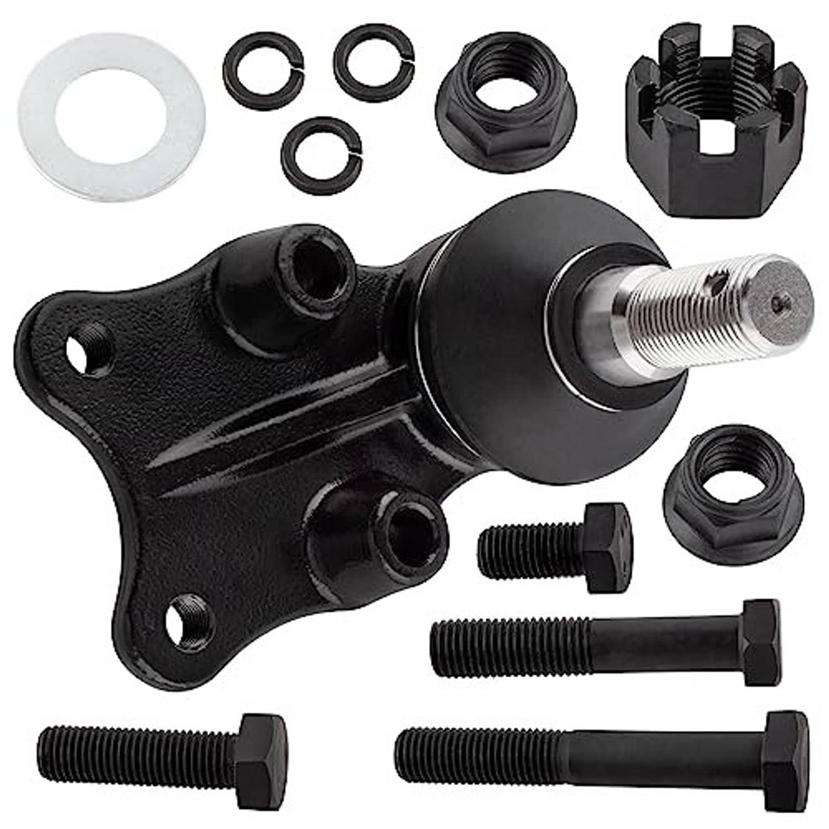 Single black ball joint housing with threaded stud, bolts, nuts, and washers