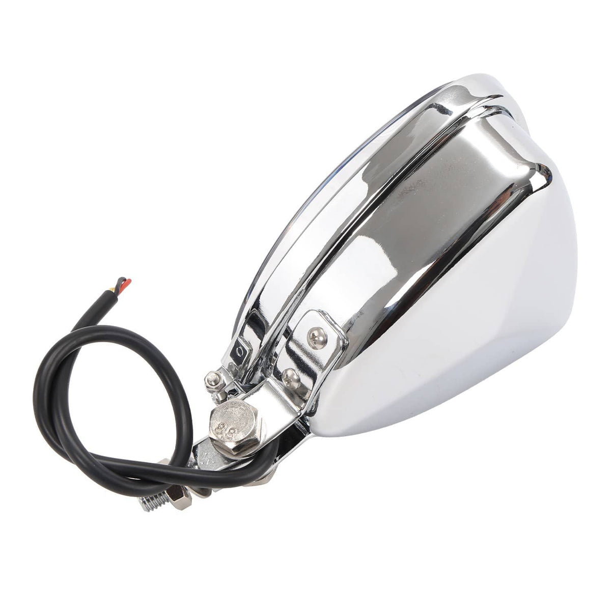 Chrome headlight housing with mounting base and black wire harness, side profile view.