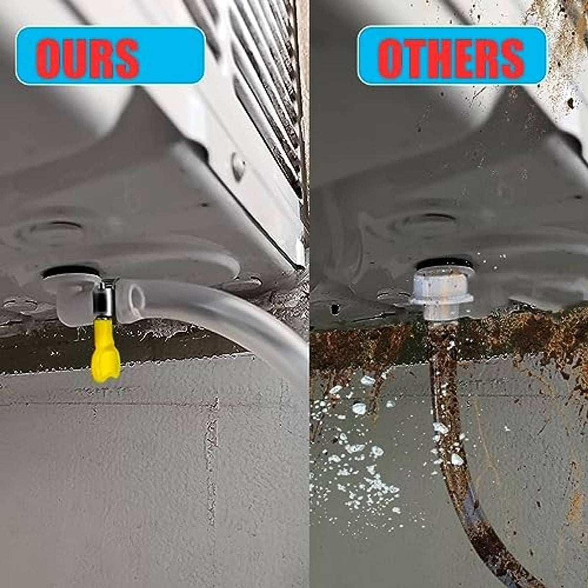 AC drain hose connector with yellow fastener directing condensed water from the unit