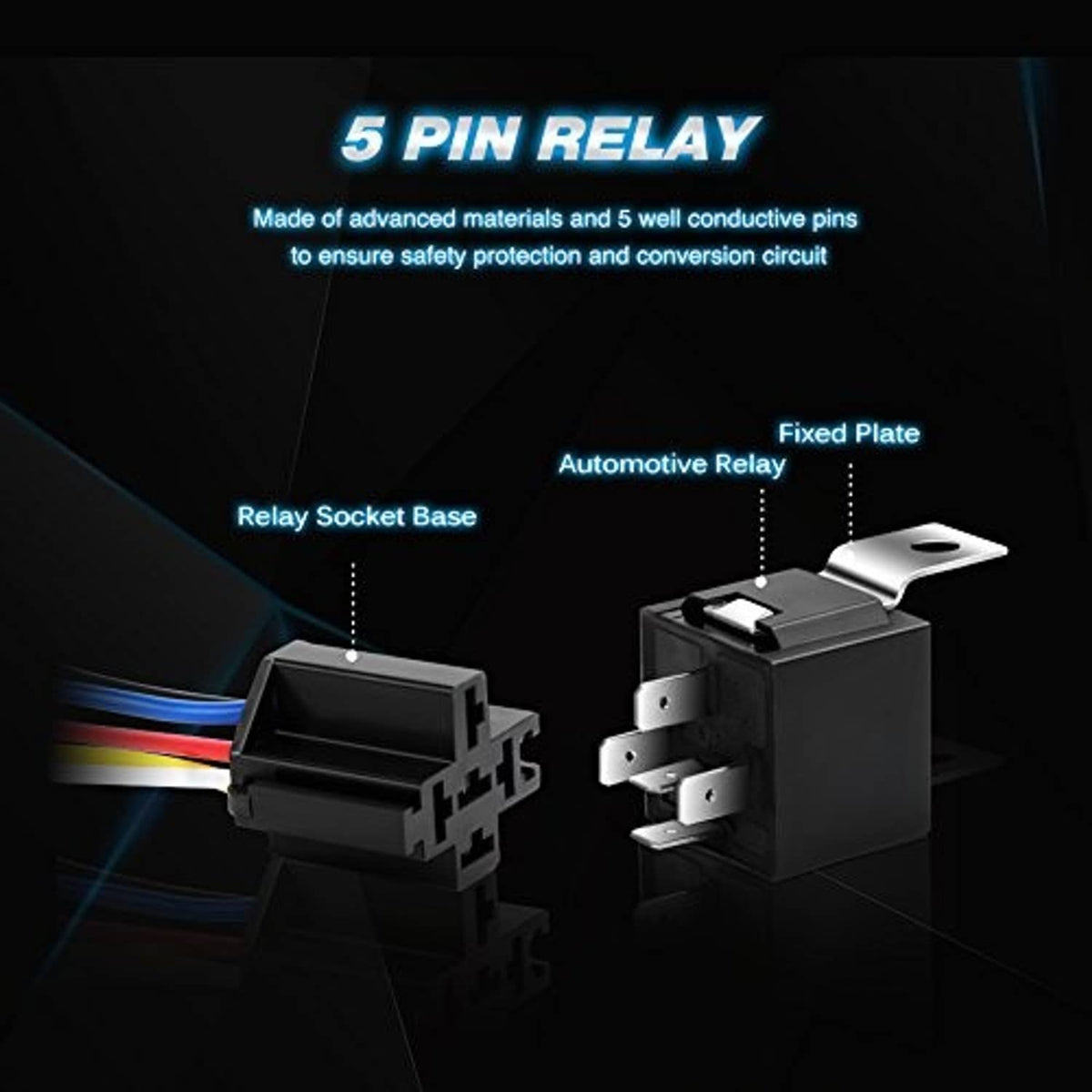 5-pin relay with socket base and fixed metal mounting plate, black housing