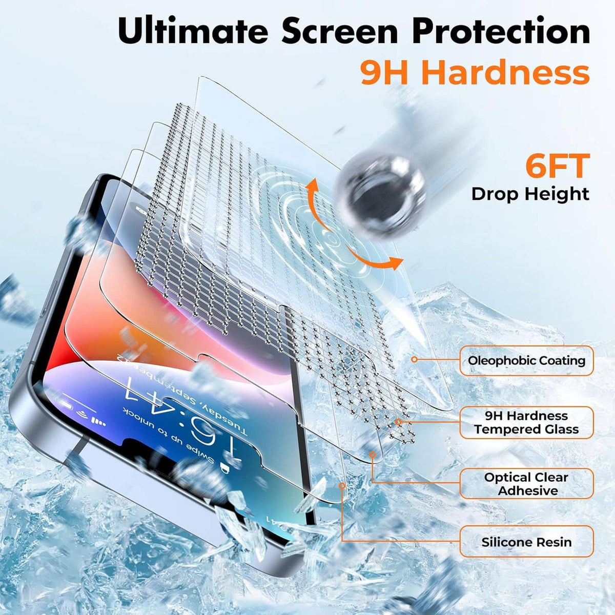 3-pack tempered glass screen protectors with 9H hardness and 6FT drop protection