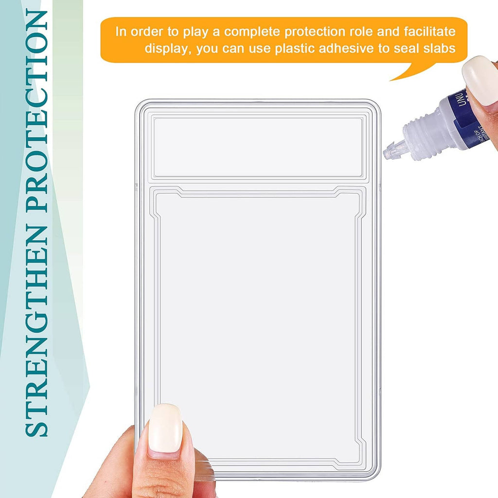 Clear acrylic trading card protector case held open, showing hinged protective panels.