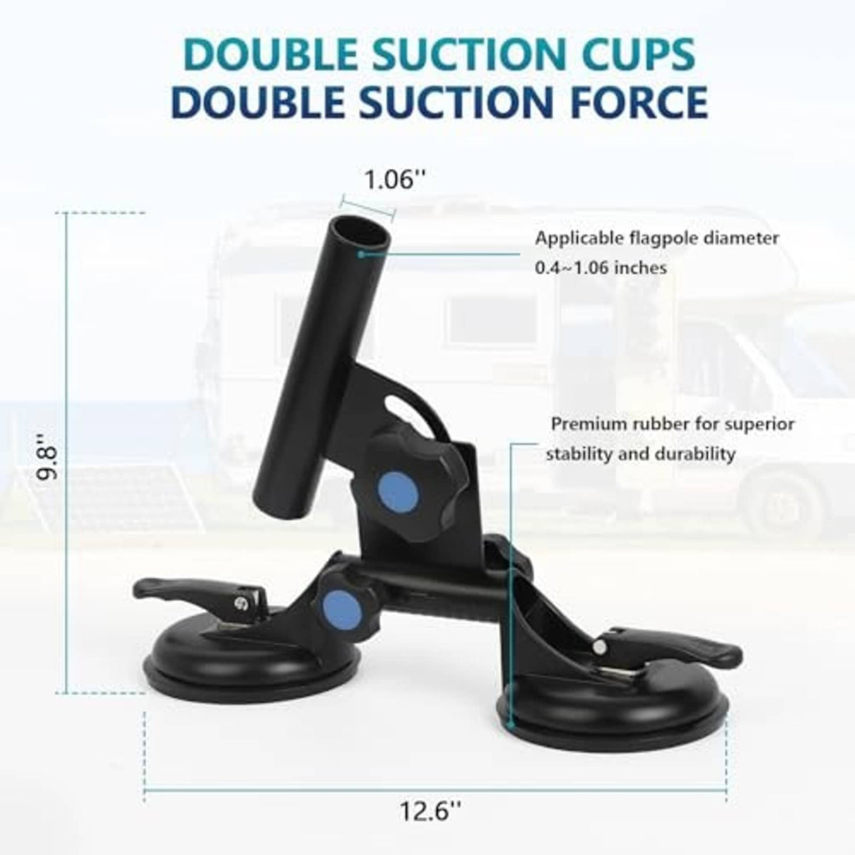 Black suction-cup flag pole holder set with two bases and mounting bracket