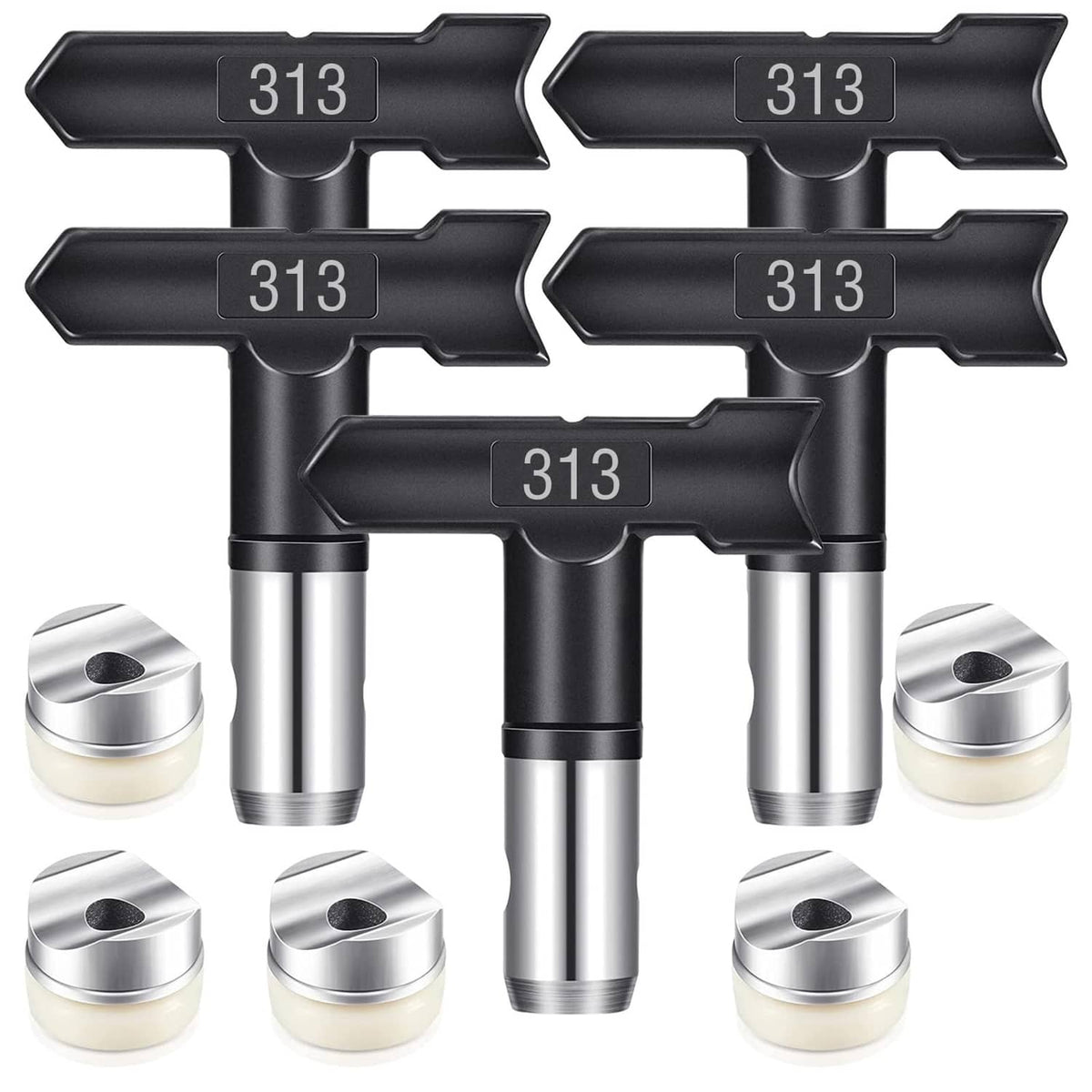 Reversible 313 airless spray nozzle tips set, black housings with silver metal bases
